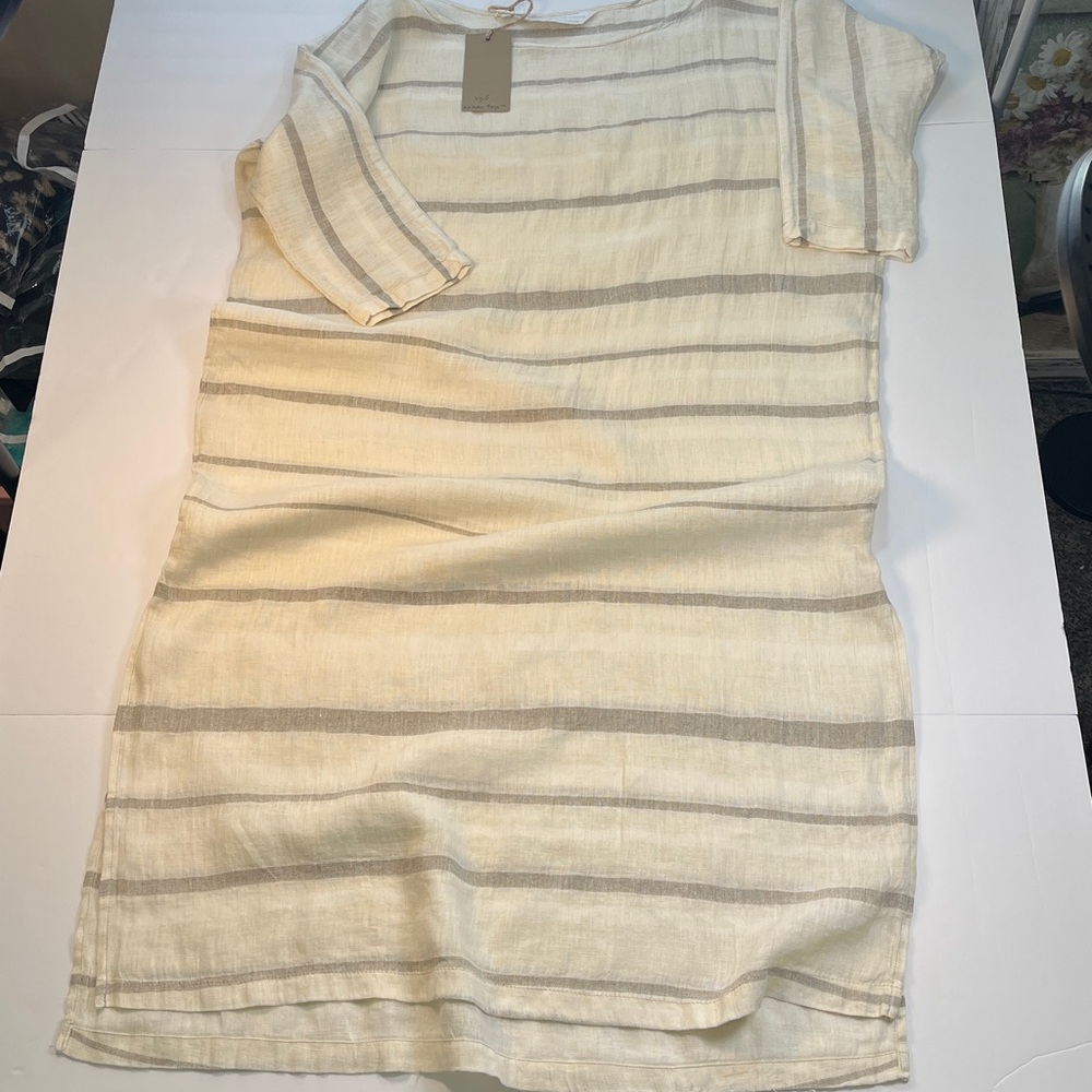 Crown Linen Designs 100% Linen Dress 3/4 Sleeve Lagenlook Scoop Neck Neutrals